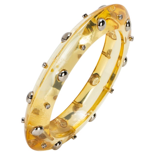 Miriam Salat Studded Translucent Vintage Resin Bangle Silver & White Topaz For Sale - Image 15 of 18