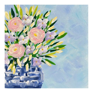 Bouquet in Blue & White Vase Acrylic Painting Floral Wall Art 8"x8" Unframed For Sale