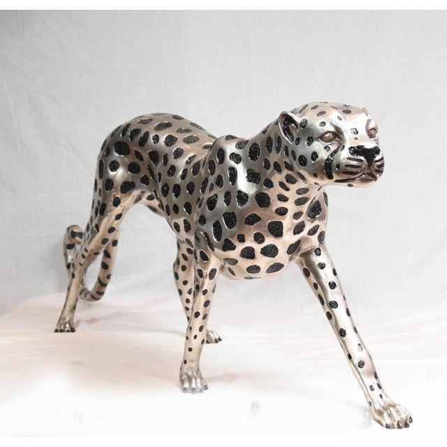 Art Deco Silver Plate and Bronze Cheetah Cat in Statue, 1980s For Sale - Image 9 of 16