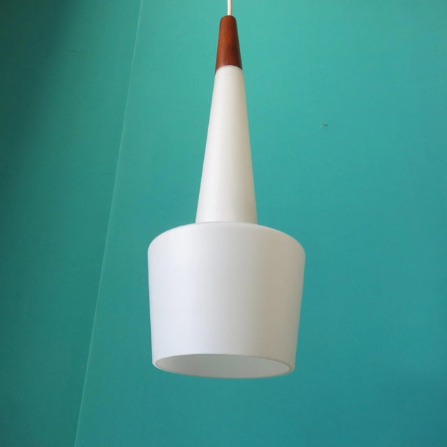 Opaline Glass and Teak Pendant Lamps from Horn Collection, 1950s, Set of 2 For Sale - Image 6 of 7