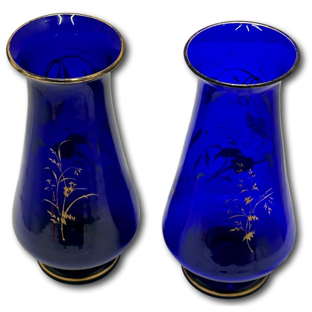 Rare Stunning Antique Victorian Hand Decorated 22k Gold Enameld Cobalt Blue Art Glass Vases by Val Saint Lambert - Mid 19th Century For Sale - Image 14 of 18