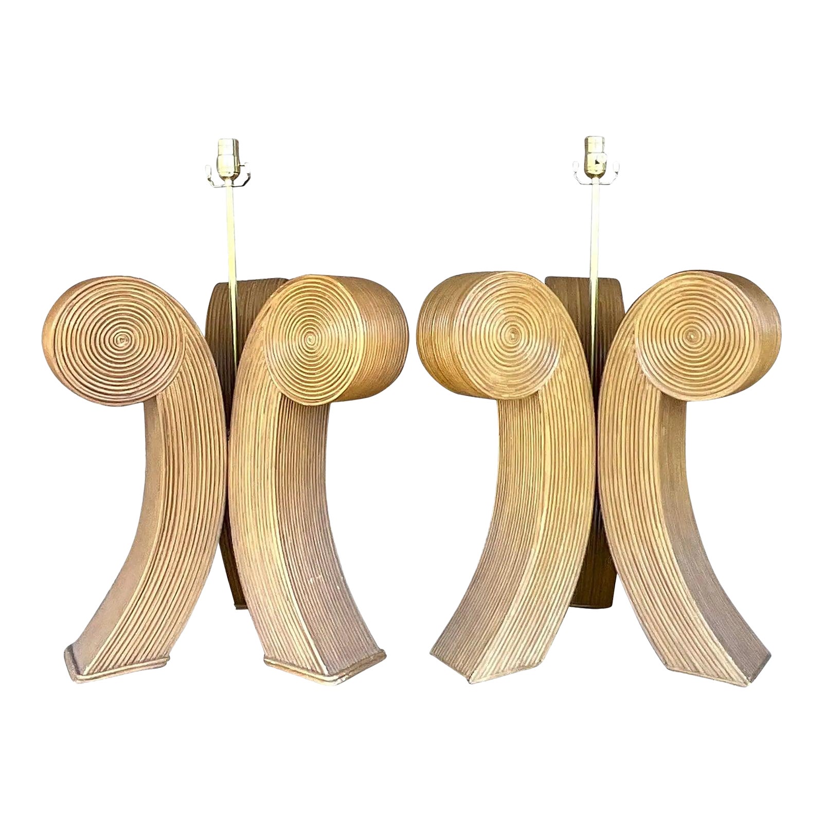 Vintage Late 20th Century Boho Pencil Reed Scroll Lamps - A Pair | Chairish
