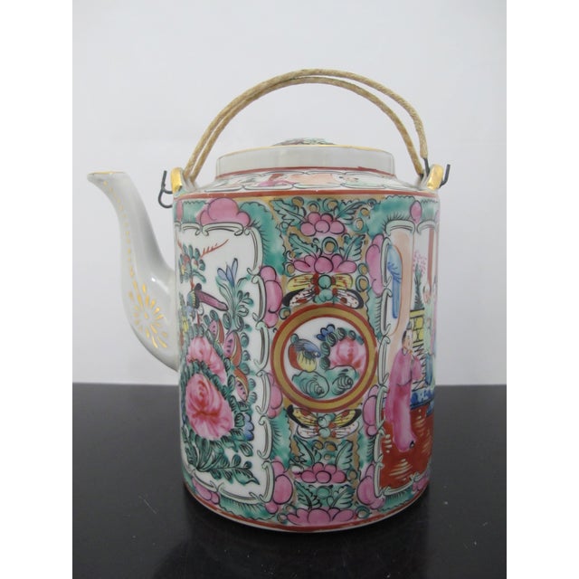 Rose Chinese Famille Rose Medallion Bird Butterfly & Figural Porcelain Teapot For Sale - Image 8 of 17
