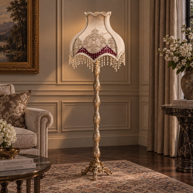 Elevate a formal interior with this beautifully detailed French-inspired floor lamp, featuring an ornate sculptural stand...