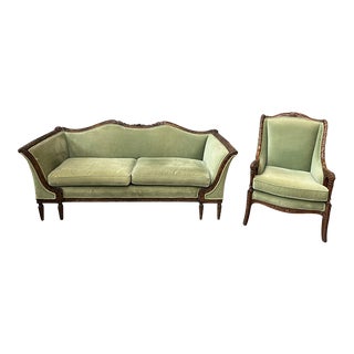 Vintage Louis XV Style French Wasabi Green Carved Sofa & Matching Chair Set- 2 Pieces For Sale