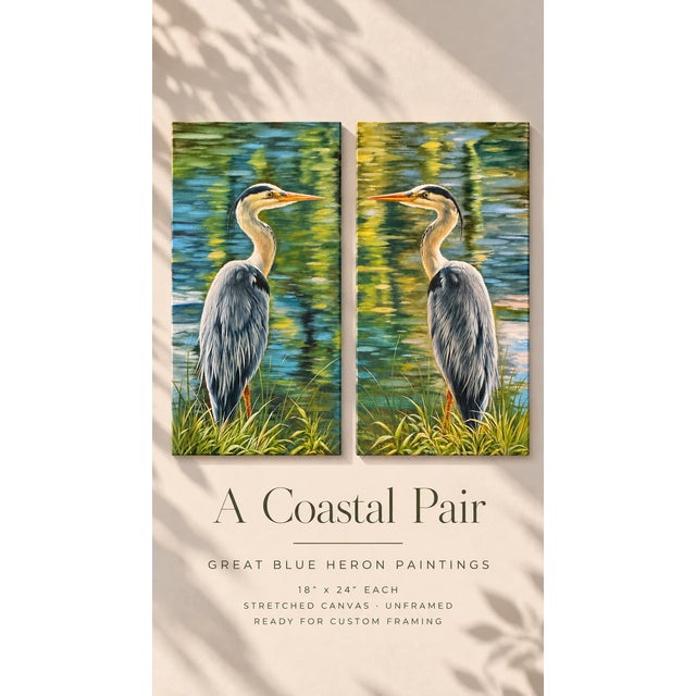 Coastal Great Blue Heron Coastal Paintings on Canvas – Pair 18 X 24" Each For Sale - Image 3 of 5