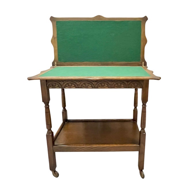 Antique English Country House Style Oak Flip Top Game Table Bar Cart Carved Frieze For Sale - Image 17 of 18
