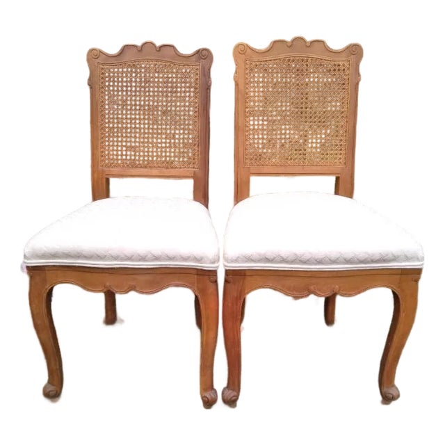 Pair Vintage Country French Provincial Cane Back Wood Side Chairs Cabriole Legs For Sale