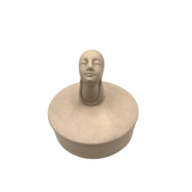 Art Nouveau Mid 20th Century Gray Earthenware Ceramic Vanity Powder Box W/ Female Bust Handle For Sale - Image 3 of 8