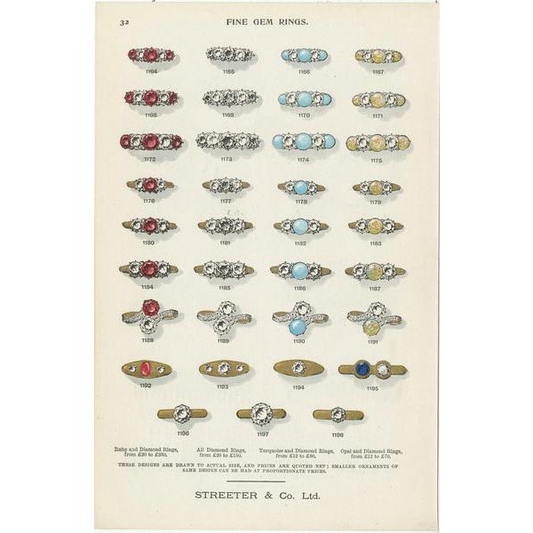 Set of two antique prints titled 'Fine Gem Rings'. Two original chromolithographic plates of fine gem rings. These prints...