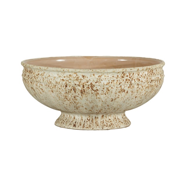 Large Artisan Ceramic Bowl with Cream and Sand Textured Glaze on Pedestal Base For Sale - Image 14 of 18