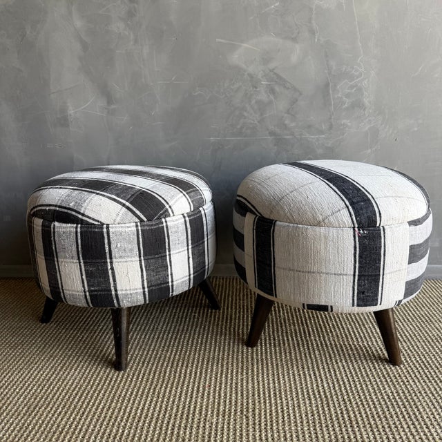 Pair of Modern Neutral Gray, Black & Greige Stripe Ottomans Made From Vintage Turkish Rugs For Sale - Image 4 of 8