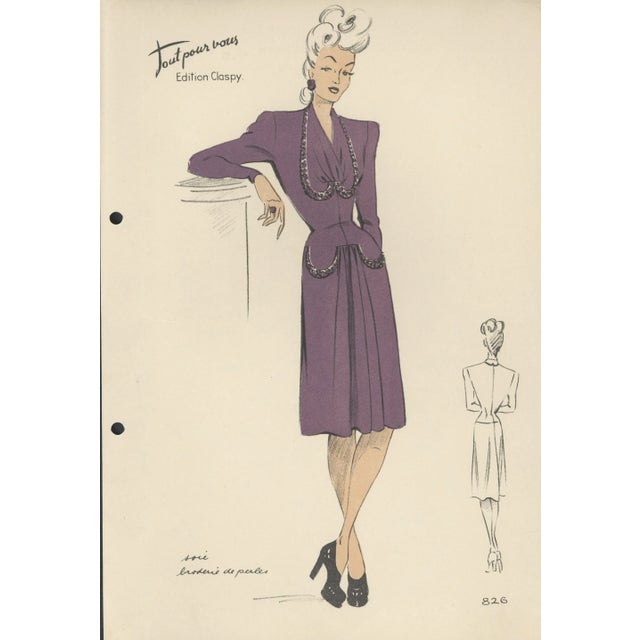 Set of 4-1940s Mid-Century French Fashion Croquis For Sale - Image 4 of 6