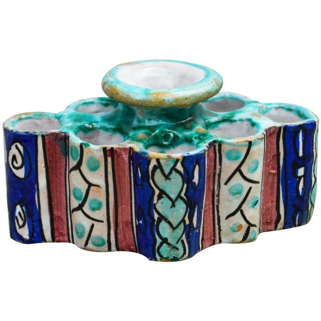 Teal Early 20th Century Moorish Ceramic Inkwell & Candle Holder For Sale - Image 8 of 9