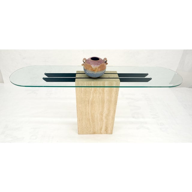 Italian c1970s Mid Century Modern Glass Top Single Travertine Base Console Table For Sale - Image 9 of 14