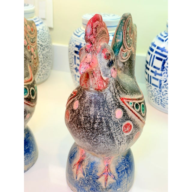 Rustic Vintage Thai Terracotta Rooster Bird Sculptures Hand Painted Folk Art – A Pair For Sale - Image 3 of 18