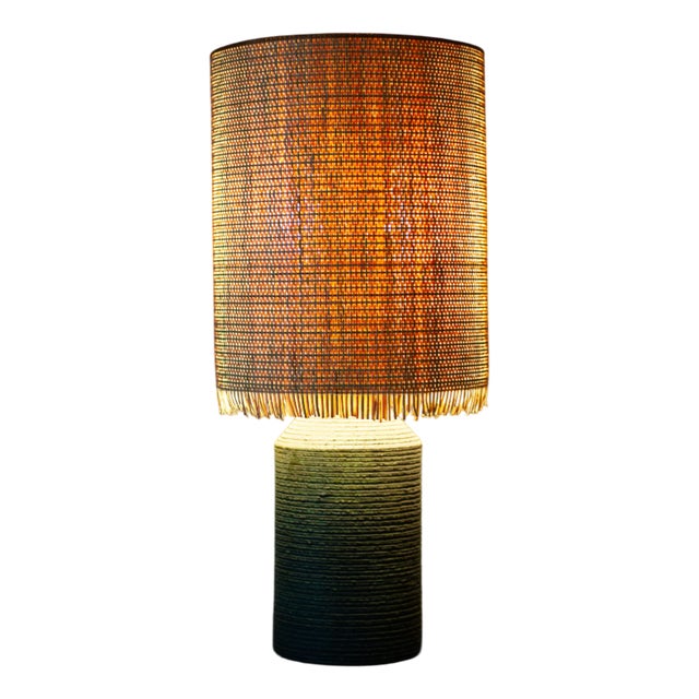 Ceramic Lamp with Raffia Lampshade, 1970s For Sale