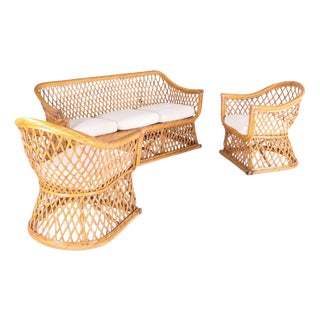 Wicker Rattan Lounge Set, 1970s, Set of 3 For Sale