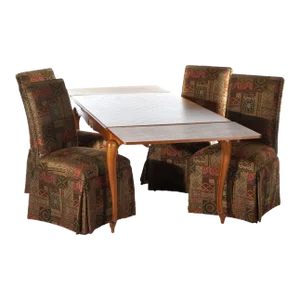 Set of 5 French Louis XV Style Oak Parquetry Draw-Top Dining Table & 4 Tall Back Chairs