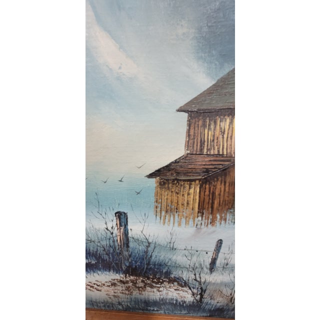 Blue 1970s Americana Farmhouse Landscape Original Oil Painting by Everett Woodson For Sale - Image 8 of 11