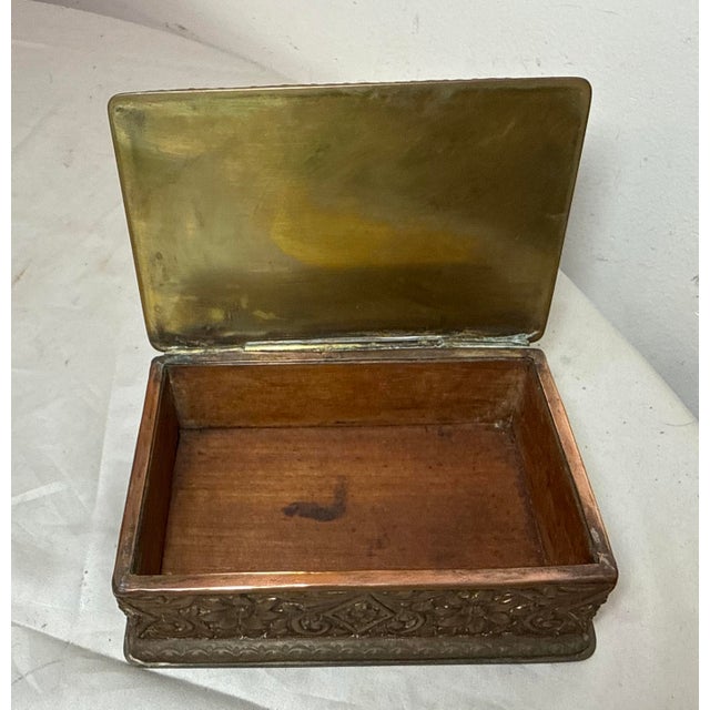Antique 19th Century Hand Tooled Copper Carved Jade Stone Wood Cigarette Box For Sale - Image 10 of 13