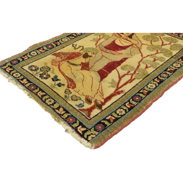 71536 Distressed Antique Persian Tabriz Pictorial Rug Depicts Dervish with Master, Tapestry Wall Hanging. This hand-...