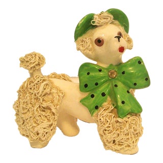50s Porcelain Spaghetti Noodle Poodle Figurine Green Hat & Bow VTG Mid Century Modern For Sale