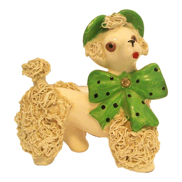 50s Porcelain Spaghetti Noodle Poodle Figurine Green Hat & Bow VTG Mid Century Modern For Sale