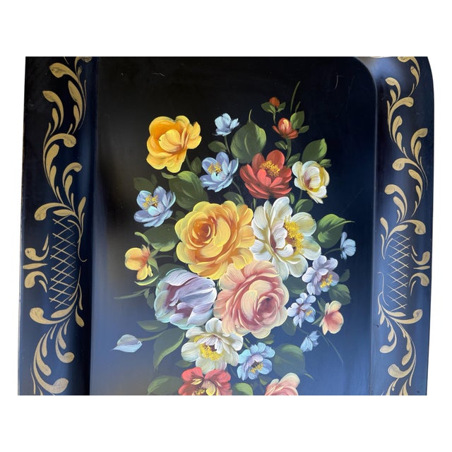Lovely Vintage Mid-Century, Rectangular Shaped Hand-Painted Floral and Black Tea Tray. The tray is in very good condition...