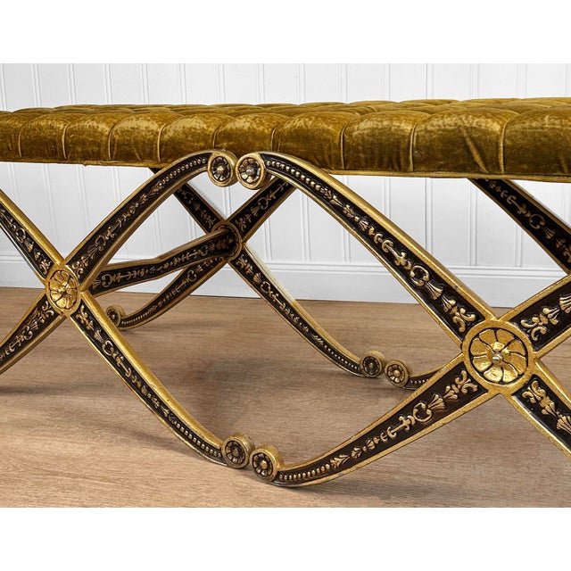 Vintage French Regency Double X Gilded Green Velvet Tuft Window Bench For Sale - Image 13 of 15