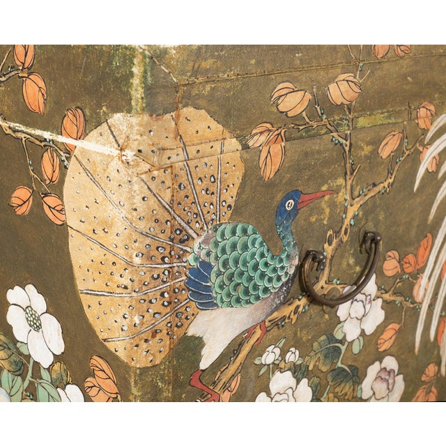Chinese Qing Style Painted Exotic Birds Leather Trunk Table For Sale - Image 15 of 17