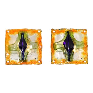 Mid-Century Hand-Blown Amber, Green & Blue Murano Glass Sconces by Mazzega For Sale
