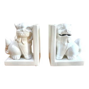 Chinoiserie Blanc De Chine White Ceramic Foo Dog Bookends