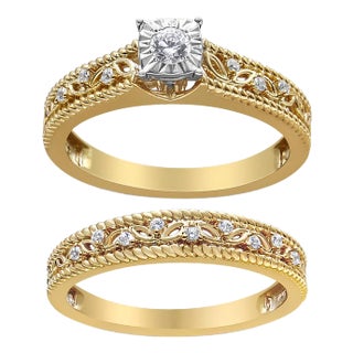 14K Yellow Gold Plated .925 Sterling Silver 1/5 Cttw Diamond Art Deco Style Engagement Ring Bridal Set (I-J Color, I3 Clarity) - Ring Size 7 For Sale
