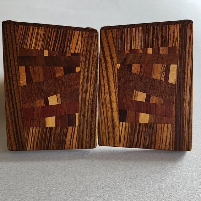 Brown Vintage 80's Inlaid Wood Mosaic Bookends by Wildwood, Set of Two For Sale - Image 8 of 8