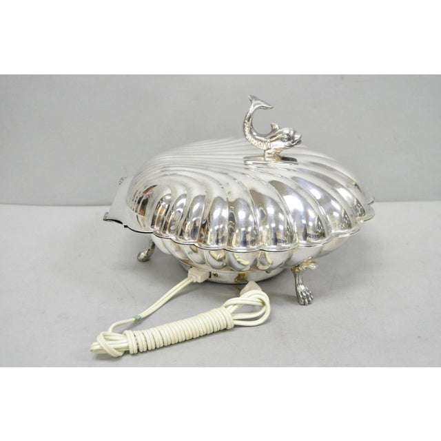 Vintage Eaton Silver Co Regency Style Silver Plated Electric Footed Clam Shell Hinged Warmer w / Dolphin Handle. Circa Mid...