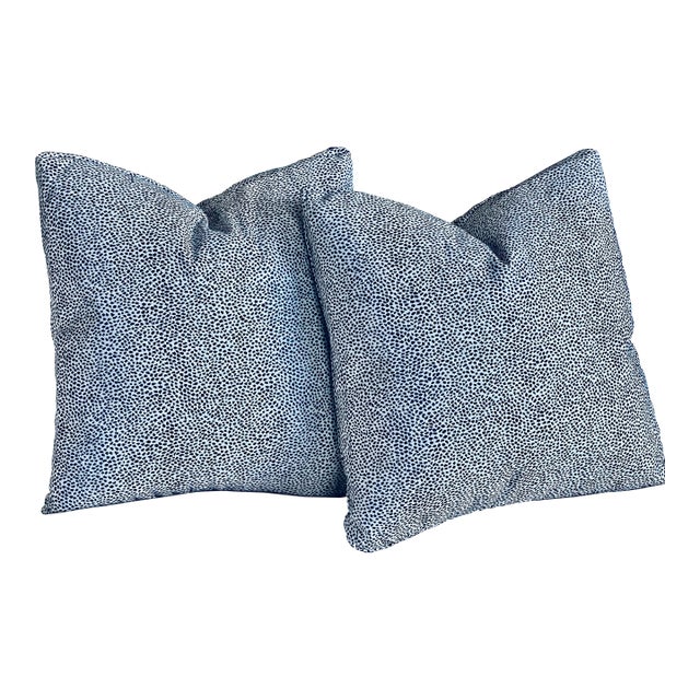 Pair Cushions/Pillows in a Small Blue Animal Print on White Ground For Sale