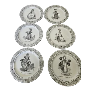 Mottahedeh Creil Reproduction Black and White Transfer French Style Plates - Set of 6