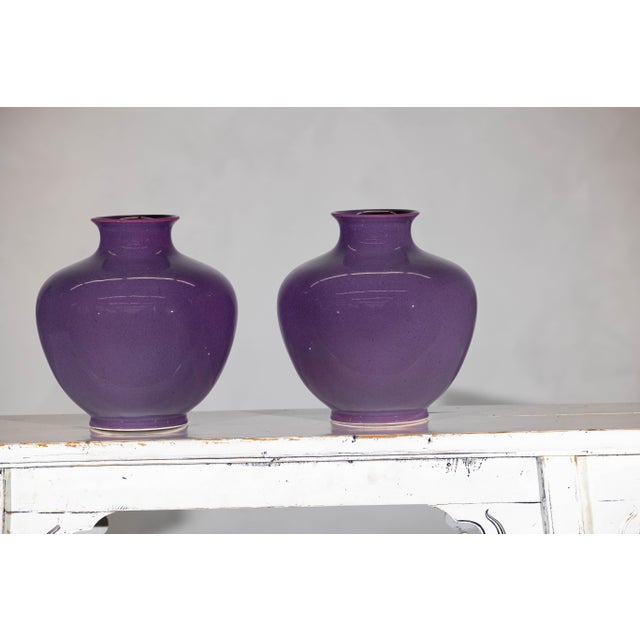 Pair of Purple Ceramic Vases with Glossy Finish and Rounded Bellies For Sale - Image 9 of 12