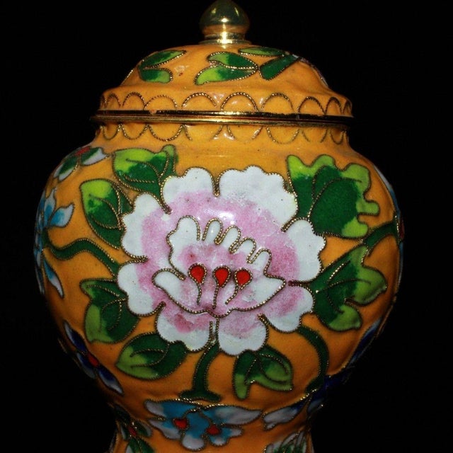 Metal Vintage Cloisonne Enamel Ginger Jar - Yellow Floral Motif With Lid For Sale - Image 7 of 9