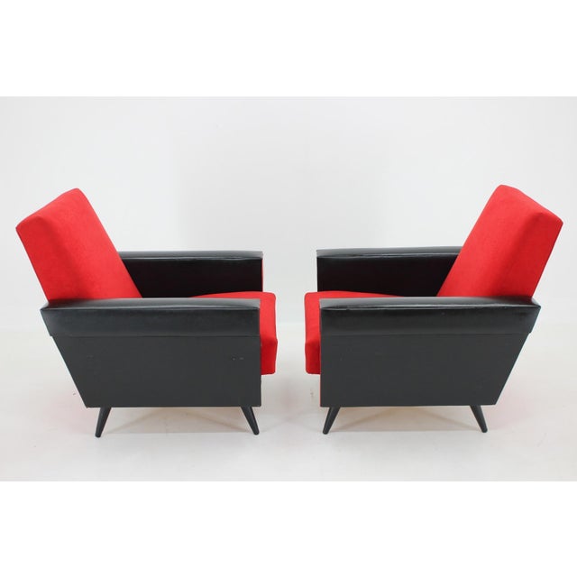 Set of Leatherette and Red Fabric Armchairs, Czechoslovakia, 1970s For Sale - Image 4 of 15