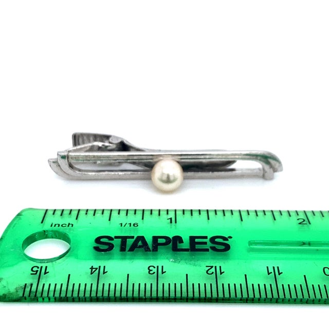1990s Mikimoto Estate Akoya Pearl Tie Bar Sterling Silver 5.91 Grams For Sale - Image 4 of 12