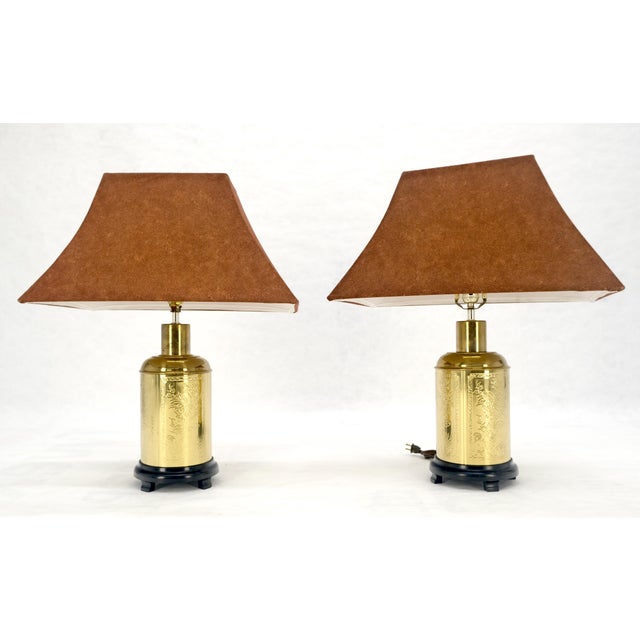 Pair of Asian Style c1070s Cylinder Shape Base Table Lamps Wooden Feet MINT! For Sale - Image 10 of 17