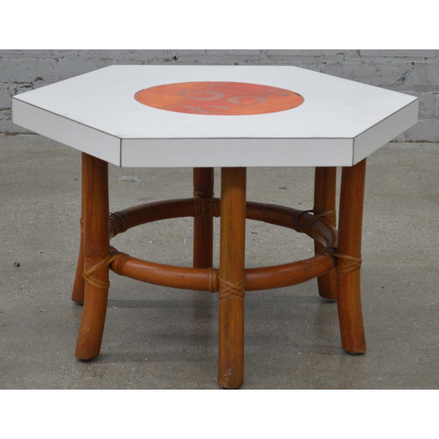 MCM Octagonal Bamboo Enamel White Laminate James Mont Style Side Table. It is used in good solid sturdy condition with...