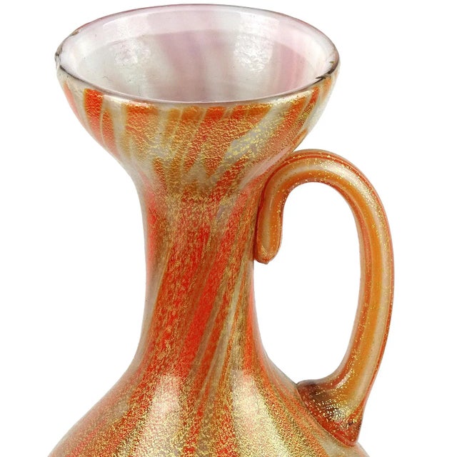 Beautiful vintage Murano hand blown opalescent white, orange spots and gold flecks Italian art glass pitcher shaped vase....