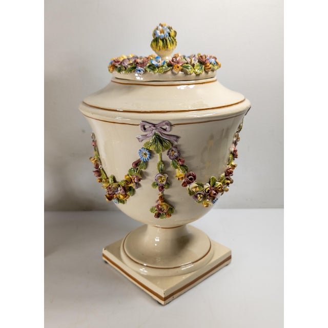 Ceramic Mid-Century Pair of Italian Capodimonte or Nove Style Floral Covered Urns For Sale - Image 7 of 16