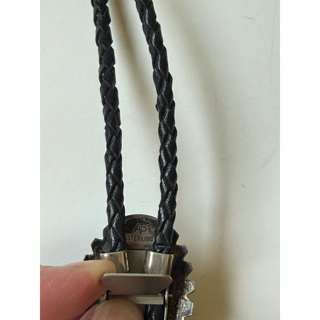 1980s Vintage Navajo Sterling Silver and Turquoise Bolo Tie Signed Ap For Sale - Image 5 of 7