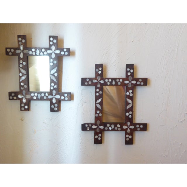 Early 20th Century Vintage Miniature Inlaid Nacre Moroccan Accent Mirrors - a Pair For Sale - Image 4 of 4