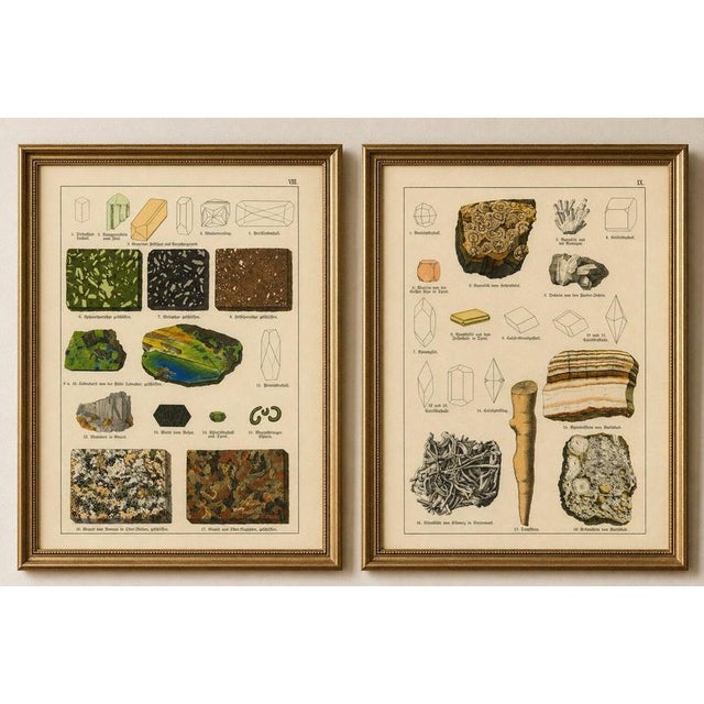 Set of two antique mineralogy chromolithographs, granite, calcite & fossil stone, 1888 description: a fascinating set of...