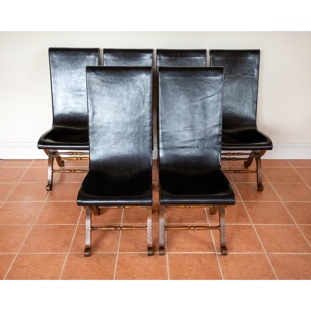 Mid-Century Spanish Oak and Black Leather Dining Chairs by Pierre Lottier for Valmazan, 1960s, Set of 6 For Sale - Image 18 of 18
